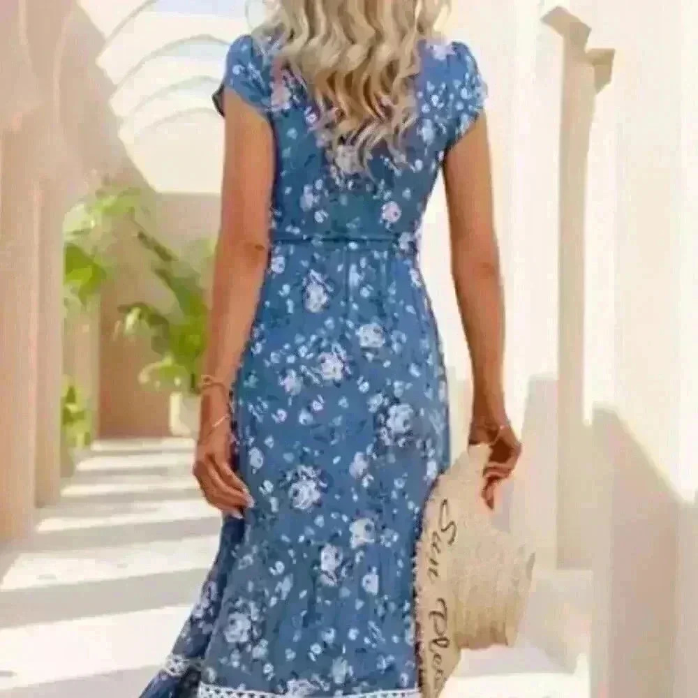 C+D+M Collection Blue Floral Maxi Dress Boho Lace Trim Button Front Womens M - Picture 2 of 8